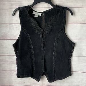 Vintage Lisa International Black Suede Vest Crochet Neck and Seams Size Petite M